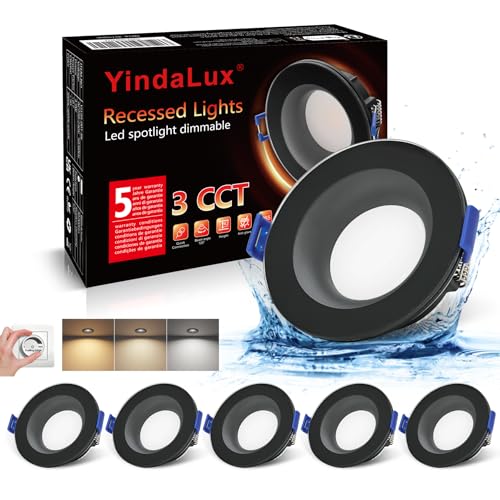 YindaLux LED Einbaustrahler 230V IP65, Dimmbar 5W 68mm Ultra Flach LED Spots, Warmweiß Neutralweiß Kaltweiß Deckenspots, Spots Deckenleuchte für Badzimmer Wohnzimmer Küche, Schwarz 6er Set von YindaLux