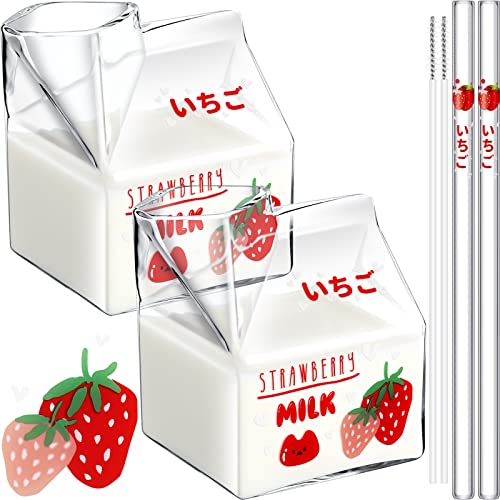 Kawaii-Glas-Milchkarton-Tasse, niedliche Erdbeer-Milchbecher, klare Milchkarton-Glasbecher, Mini-Milchkännchen, Krug, Mikrowellengeeignet, quadratisch, 340 ml von Yinder