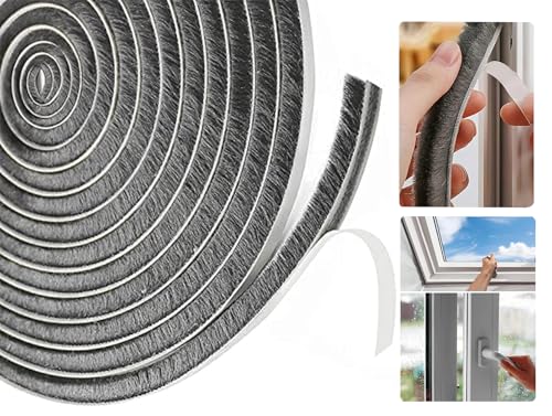 Bürstendichtung Selbstklebend, 5M(L) X 9mm(B) X 9mm(D) Bürstendichtungen für Türen und Fenster, Bürsten-Wetterschutzband, Zugluftabweiser Bürstendichtung Grau von YingErTool