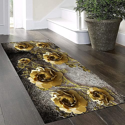 3D Blume Teppich Läufer Flur Küche Rutschfest Waschbar Teppichläufer Lang 60x440cm Schwarz/Gold Küchenläufer Meterware Korridor Tepiche Kücheteppich Schlafzimmer Wohnzimmer Flurmatten Breit 40-140Cm von Yinghesheng