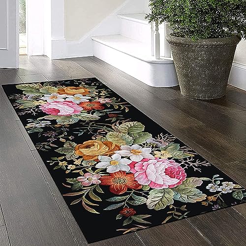 Küchenteppich Läufer Teppich Lang Flur Rutschfest Teppichmatten Küchenläufer 70x180cm,3D Blumenmuster Bunter/Schwarzer Korridor Teppichläufer Waschbar Meterware Flurläufer Anpassbar ,Schwarz von Yinghesheng