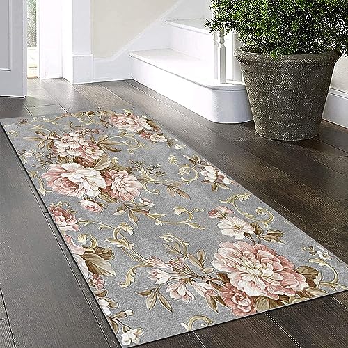 Rosa Blumenmuster Teppich Läufer Flur rutschfest Waschbar 40x120cm Grau Teppich Für Küche Polyester Eingangsteppich Für Küche, Flur, Eingang, Esszimmer, Waschküche, Balkon, Schmutzfangmatte von Yinghesheng