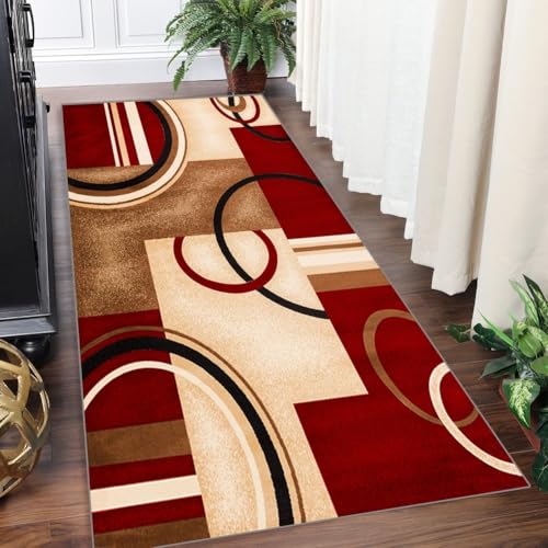 Teppich Läufer Flur Küchenläufer Waschbar Teppichläufer Eingangsmatte 50x600cm Teppich rutschfest Läufer Braun Rot Moderne Geometrische Streifen Für Wohnzimmer Schlafzimmer Meterware Anpassbar von Yinghesheng