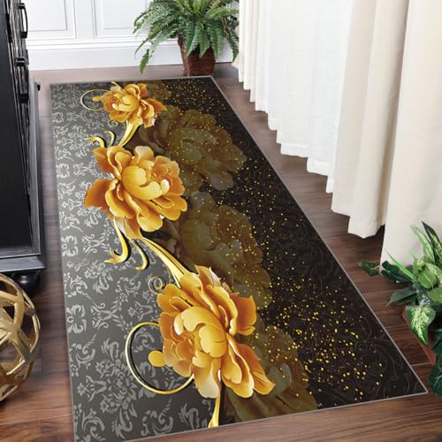 Teppich Läufer Flur Küchenläufer Waschbar Teppichläufer Eingangsmatte 50x600cm Teppich rutschfest Läufer Grau Gold Schwarz mit 3D-Blumenmuster Für Wohnzimmer Schlafzimmer Meterware Anpassbar von Yinghesheng