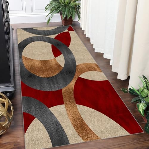 Teppich Läufer Flur Küchenläufer Waschbar Teppichläufer Eingangsmatte 70x400cm Teppich rutschfest Läufer Braun Rot Moderne Geometrische Streifen Für Wohnzimmer Schlafzimmer Meterware Anpassbar von Yinghesheng