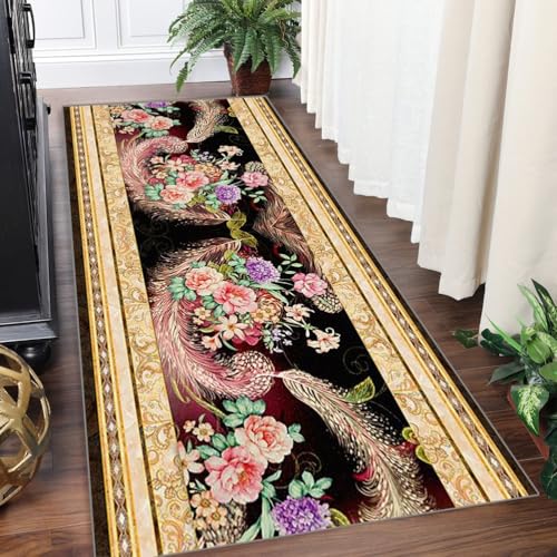 Teppich Läufer Lang Flur Küche Teppichläufer Rutschfest Waschbar Küchenläufer Teppichmatten 40x400cm Schmutzfangmatte Gold Schwarz Bunter mit 3D-Blumenmuster Flurteppich Wohnzimmer Schlafzimmer von Yinghesheng