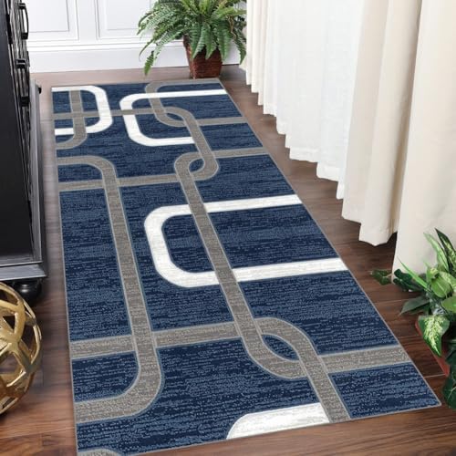 Teppich Läufer Lang Flur Küche Teppichläufer Rutschfest Waschbar Küchenläufer Teppichmatten 50x200cm Schmutzfangmatte Blau Grau Moderne Geometrische Streifen Flurteppich Wohnzimmer Schlafzimmer von Yinghesheng