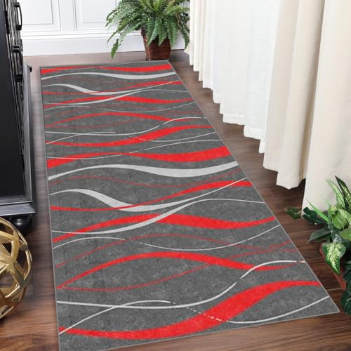 Teppich Läufer Lang Flur Küche Teppichläufer Rutschfest Waschbar Küchenläufer Teppichmatten 90x500cm Schmutzfangmatte Grau Rot Moderne Geometrische Streifen Flurteppich Wohnzimmer Schlafzimmer von Yinghesheng