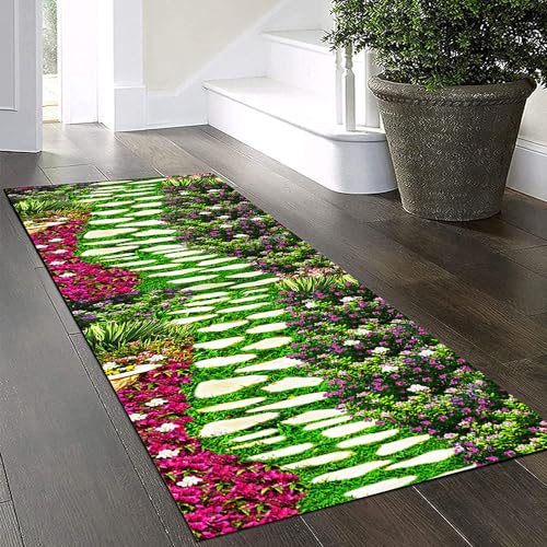 Yinghesheng Bunter Teppich Läufer Flur Küche 50x160cm rutschfest Waschbar 3D Grüner Grasweg Vintage Meterware,Teppichläufer Kücheläufer Brücken Teppich Läufer Polyester Anpassbar,Grass Green von Yinghesheng