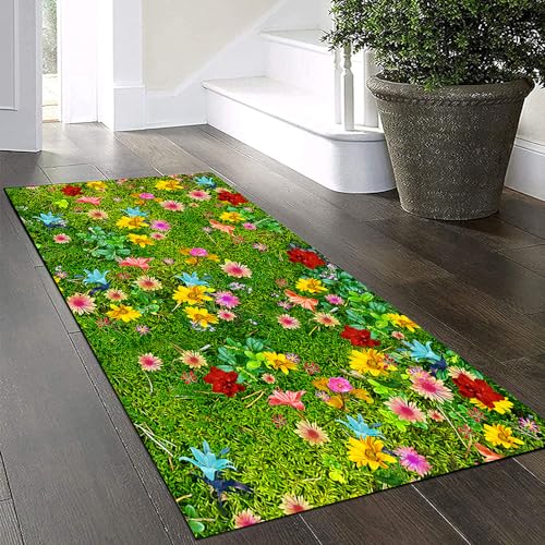 Yinghesheng Küchenteppich Läufer Teppich Lang Flur rutschfest Teppichmatten Küchenläufer 100x300cm,3D Blumenmuster Bunter Korridor Teppichläufer Waschbar Meterware Flurläufer Anpassbar,Grass Green von Yinghesheng