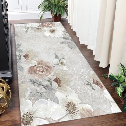Yinghesheng Läufer Flur Küche Waschbar rutschfest 60x500cm Lang Küchenteppich Flurteppich Teppich Grau Creme mit 3D-Blumenmuster Teppich Für Korridor Wohnzimmer Schlafzimmer Meterware Anpassbar von Yinghesheng