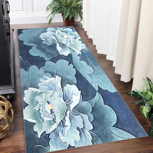 Yinghesheng Läufer Lang Flur rutschfest Teppich Küche 50x400cm Läufer Korridor Teppichmatten Blau mit 3D-Blumenmuster Küchenteppich Schlafzimmer Esszimmer Polyester Meterware Anpassbar von Yinghesheng