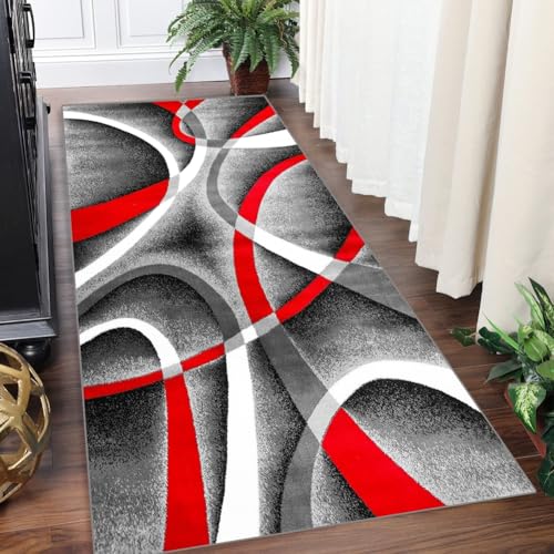 Yinghesheng Läufer Teppich Lang Flur Küchenteppich 50x300cm Korridor rutschfest Teppichmatten Grau Rot Moderne Geometrische Streifen Küchen Schlafzimmer Esszimmer Polyester Meterware Anpassbar von Yinghesheng