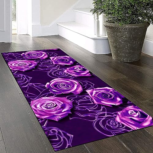 Yinghesheng Teppich Läufer Flur Küche Waschbar rutschfest 100x120cm,3D Rosen Muster Lila und Dunkellila Lang Küchenteppich Flurteppich Teppich Fur Korridor Wohnzimmer Schlafzimmer Meterware Anpassbar von Yinghesheng