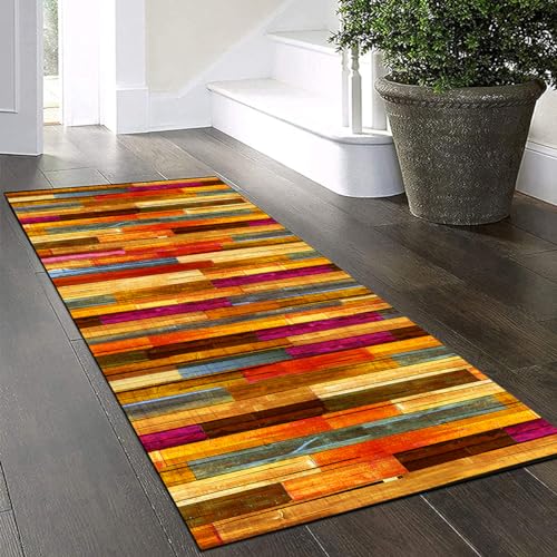 Yinghesheng Teppich Läufer Flur Küche Waschbar rutschfest 80x200cm Bunter Holzmaserung Patchwork Lang Küchenteppich Flurteppich Teppich Fur Korridor Wohnzimmer Schlafzimmer Meterware Anpassbar von Yinghesheng