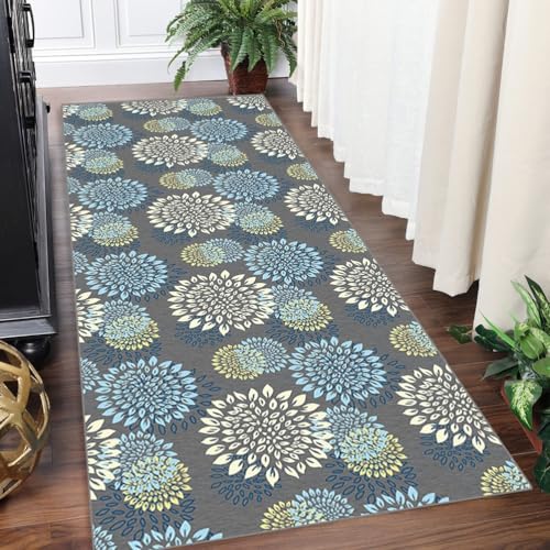 Yinghesheng Läufer Flur Küche Waschbar rutschfest 90x500cm Lang Küchenteppich Flurteppich Teppich Grau Blau mit 3D-Blumenmuster Teppich Für Korridor Wohnzimmer Schlafzimmer Meterware Anpassbar von Yinghesheng