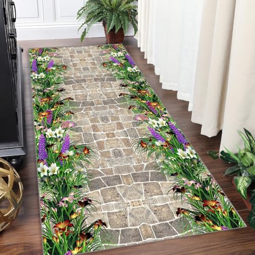 Yinghesheng Läufer Flur Küche Waschbar rutschfest 40x200cm Lang Küchenteppich Flurteppich Teppich Grün mit 3D-Blumenmuster Teppich Für Korridor Wohnzimmer Schlafzimmer Meterware Anpassbar von Yinghesheng