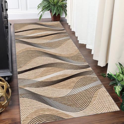 Yinghesheng Läufer Teppich Lang Flur Küchenteppich 70x300cm Korridor rutschfest Teppichmatten Beige braun Geometrisches Streifenmuster Küchen Schlafzimmer Esszimmer Polyester Meterware Anpassbar von Yinghesheng