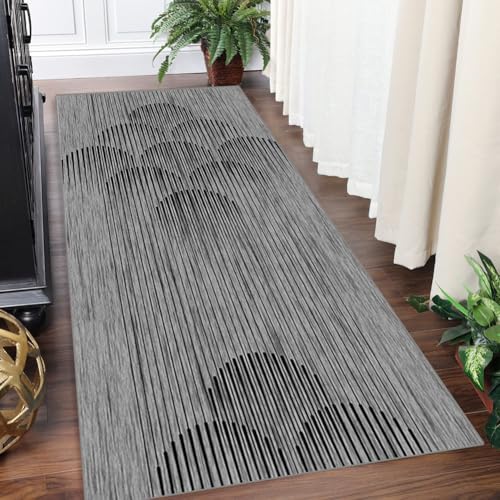 Läufer Lang Flur rutschfest Teppich Küche 100x200cm Läufer Korridor Teppichmatten Grau schwarz Geometrisches Streifenmuster Küchenteppich Schlafzimmer Esszimmer Polyester Meterware Anpassbar von Yinghesheng