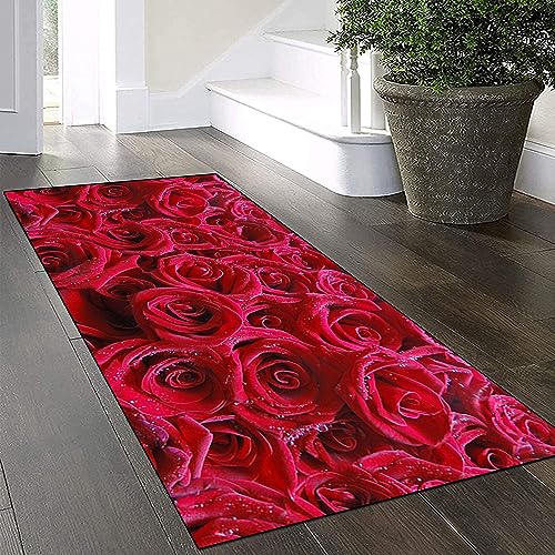 Yinghesheng Teppich Läufer Flur Küche rutschfest Waschbar Rote Rose 50x180cm Vintage Meterware, Teppichläufer Kücheläufer Polyester Anpassbar von Yinghesheng