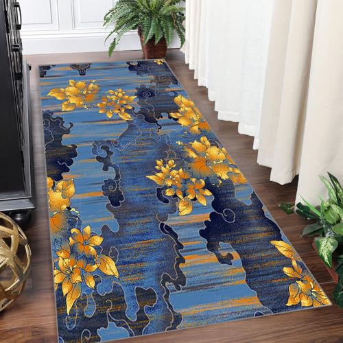 Yinghesheng Teppich Läufer Flur Küche rutschfest waschbar Teppichläufer Lang 80x300cm Küchenläufer Flurteppich Blau Gelb mit 3D-Blumenmuster Korridor Tepiche Schlafzimmer Schmutzfangmatte von Yinghesheng