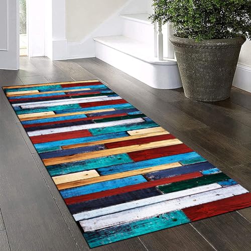 Yinghesheng Teppich Läufer Flur rutschfest120x200cm Bunter Holzmaserung Patchwork Teppich Läufer Flur Waschbar Modern Innen Lange Fußmatte für Innen Außen,Küche Teppich für Küche Eingang,Wohnzimmer von Yinghesheng