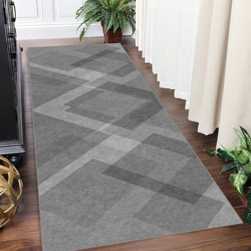 Yinghesheng Teppich Läufer Küche Flur Korridor Teppichläufer rutschfest Waschbar Lang Küchenteppich Meterware 100x300cm Flurteppich Küchenläufer Grau Geometrisches Muster Teppichmatten von Yinghesheng