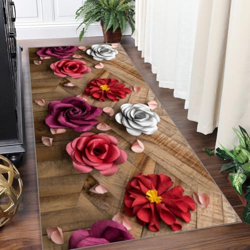 Yinghesheng Teppich Läufer Küche Flur Korridor Teppichläufer rutschfest Waschbar Lang Küchenteppich Meterware 60x200cm Flurteppich Küchenläufer Braun Rot mit 3D-Blumenmuster Teppichmatten von Yinghesheng