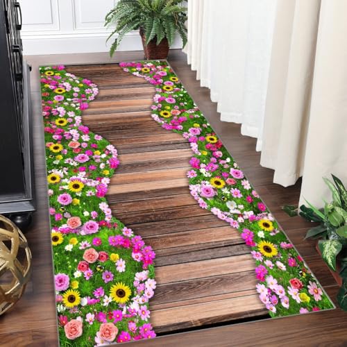 YingheshengLäufer Flur Küche Waschbar rutschfest 50x200cm Küchenteppich Flurteppich Teppich Braun Holzmuster Mehrfarbig mit 3D-Blumenmuster Für Korridor Wohnzimmer Schlafzimmer Meterware Anpassbar von Yinghesheng