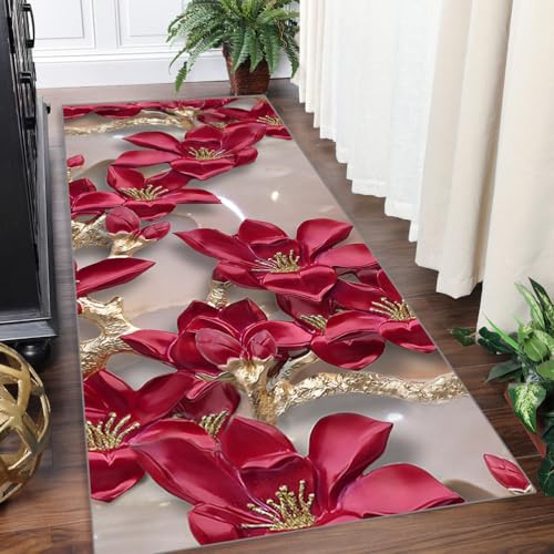 YingheshengTeppich Läufer Lang Flur Küche Teppichläufer rutschfest Waschbar Küchenläufer Teppichmatten 90x600cm Schmutzfangmatte Rot Braun mit 3D-Blumenmuster Flurteppich Wohnzimmer Schlafzimmer von Yinghesheng