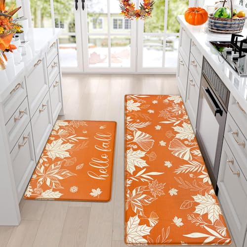 Yinhua Herbst-Küchenteppich-Set, Hello Fall, Küchenmatten für Boden, Erntedankfest, Anti-Ermüdungs-Matten für Küchenboden, Herbst-Ahornblatt-Küchenmatte für Thanksgiving-Dekoration, 45,7 x 76,2 cm + von Yinhua