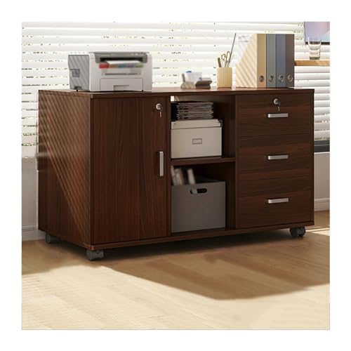 Bürocontainer Büro-Aktenschrank unter dem Schreibtisch, Aufbewahrungsschrank, DREI Schubladen, Zwei Fächer, eine Tür, aus Holz, abschließbare Pflanzen-Sideboards Büroschrank(Bruin) von Yinj9562fg
