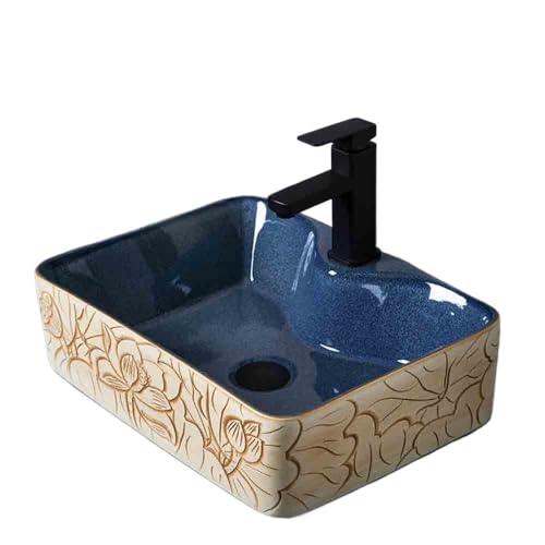 Waschtisch Blaues Aufsatzwaschbecken, kleines quadratisches Keramikwaschbecken for den Balkon oder Innenbereich mit Blumenmuster Platzsparendes von Yinj9562fg