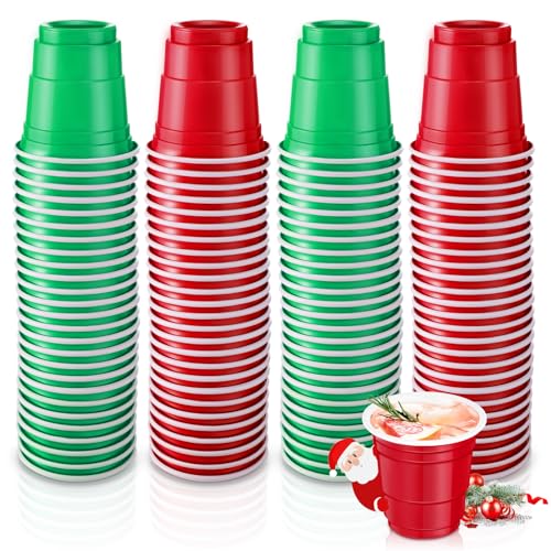 Yinkin Weihnachts-Schnapsgläser aus Kunststoff, 60 ml, Rot, Grün, Mini-Schnapsbecher, Mini-Schnapsgläser, Partybecher für Proben, Verkostungen, Snacks, Weihnachten, Junggesellinnenabschied, von Yinkin