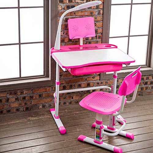 Yinleader Kinderschreibtisch-Stuhlset, ergonomischer rosa Kinderschreibtischstuhl Höhenverstellbarer multifunktionaler Schreibtisch und Stuhl, Studententisch mit Lampe von Yinleader