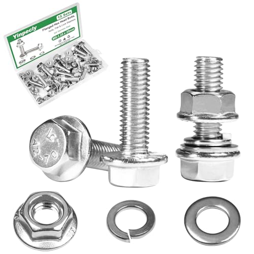 Yinpecly 15 Sätze Sechskantschrauben mit Flansch M8-1,25 x 25 mm Flansch Sechskantschrauben und Muttern M8 Flache Unterlegscheiben Federverriegelung 18-8 (304) Edelstahl Sortiment von Yinpecly