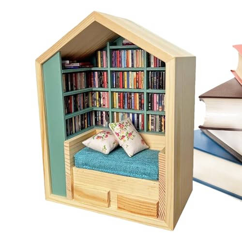 Yiohejy Stressabbauende Mini Bücherregal - Holz Miniatur Bücherhaus Bausatz - Baufertiges Bücherregal Puzzle Deko Für Mädchen Kinder Ecke Wohnzimmer Schlafzimmer von Yiohejy