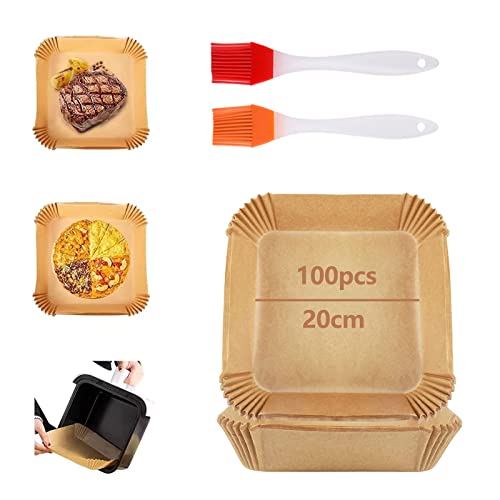 Backpapier Airfryer 100 Stück Luftfritteuse Pergamentpapier Quadrat Antihaft-Einweg Wasserdicht Ölfest Backpapier für Heißluftfritteuse Ofen Mikrowelle Bratpfanne, 20 CM von Yiomxhi