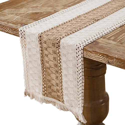 Boho Tischläufer Beige Leinen Tischläufer, Abwaschbar Vintage Makramee Tischläufer mit Quasten für Landhausstil Hochzeit Geburtstag Festlich Heim Küche Kaffee Tisch Dekoration, 30 x 140 cm von Yiomxhi