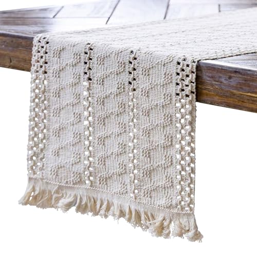 Boho Tischläufer Beige Leinen Tischläufer, Abwaschbar Vintage Makramee Tischläufer mit Quasten für Landhausstil Hochzeit Geburtstag Festlich Heim Küche Kaffee Tisch Dekoration (Stil 4, 30 x 140 cm) von Yiomxhi