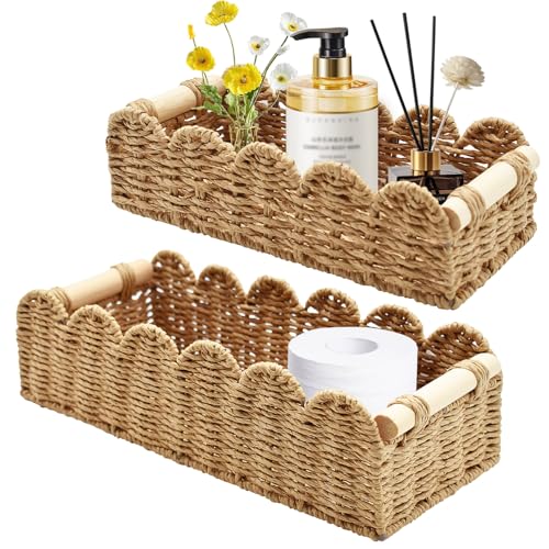 Yiomxhi 2 Stück Aufbewahrungskorb Geflochten mit Holz Griffen, Toilettenpapier Aufbewahrung Körbe Regalkörbe Dekor Flechtkorb für Küche Bad Kinderzimmer Küche Büro von Yiomxhi