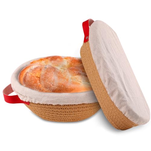 Yiomxhi 2 Stück Gärkörbchen für Brot Baumwollseil Gärkorb Oval und Rund, Faltbarer Sauerteig Startet Set mit Leinentucher und -abdeckungen, Brot Backen Zubehör, Khaki von Yiomxhi