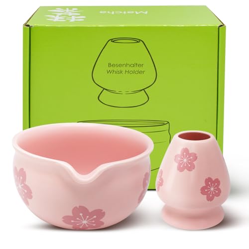 Yiomxhi 2 Stück Matcha Tea Set mit Matcha Besen Halter, Keramik Matcha Schale Chawan mit Ausgießer, Japanische Matcha-Schüssel ohne Pulver für Matcha-Zeremonie Teeliebhaber, Rosa von Yiomxhi