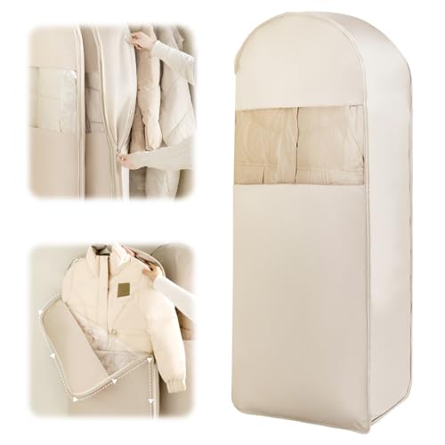 Yiomxhi Kleidersack zum Aufhängen mit selbstkomprimierendem Reißverschluss, Platzsparende Schutzhülle für Daunenmantel, Lang Anzugtasche Anzugsack Kleiderhülle für Anzug Mäntel (Beige) von Yiomxhi