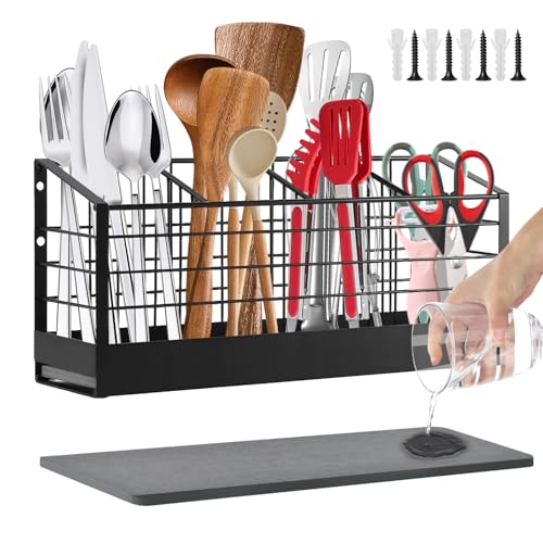 Yiomxhi Küchenutensilienhalter für Arbeitsplatte oder Wandmontage, 4 Fächer Große Besteckhalter Besteckständer mit Kieselgursockel, Utensilienhalter Küche Behälter für Küchenutensilien, Schwarz von Yiomxhi