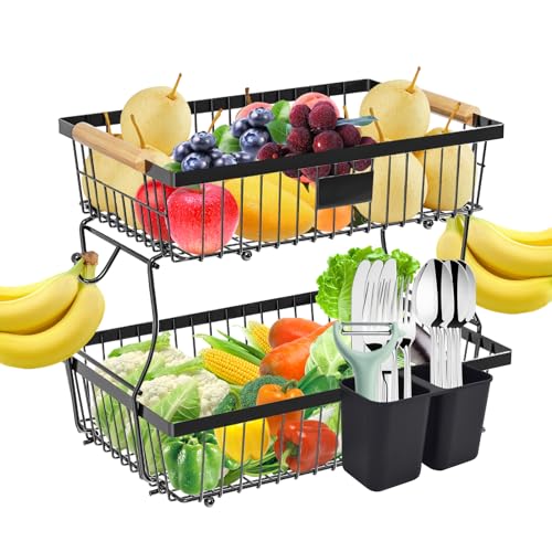 Yiomxhi Obst Etagere 2 Stöckig, Obstkorb mit 2 Bananenhaltern für Arbeitsplatte Küche Aufbewahrung, Obstschale Metall Obstetagere für Gemüse Brot Snacks, Schwarz Yiomxhi Obst Etagere 2 Stöckig, Obstkorb mit 2 Bananenhaltern für Arbeitsplatte Küche Aufbewahrung, Obstschale Metall Obstetagere für Gemüse Brot Snacks, Schwarz von Yiomxhi
