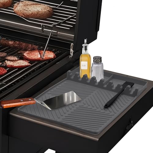 Yiomxhi Silikon Grillmatte für Gasgrill Seitenbrenner, Gasgrill Seitentische Matte BBQ Utensilienhalter, Spachtelmatte für Küchen Herd Grill Arbeitsplatten, Grau von Yiomxhi