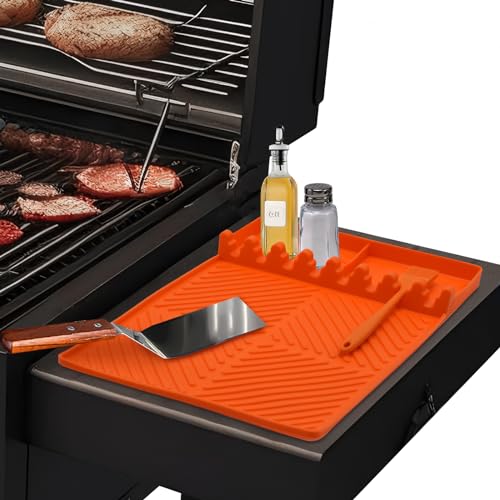 Yiomxhi Silikon Grillmatte für Gasgrill Seitenbrenner, Gasgrill Seitentische Matte BBQ Utensilienhalter, Spachtelmatte für Küchen Herd Grill Arbeitsplatten, Orange von Yiomxhi