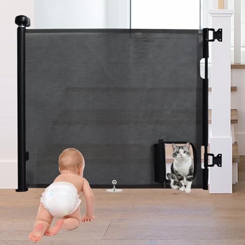 Yiomxhi Treppenschutzgitter Ausziehbare 0-140 cm, Türschutzgitter mit Katzenklappe, Hundegitter Treppengitter Kinderschutzgitter Baby Absperrgitter für Kinder Hund Haustier Katze, Schwarz von Yiomxhi