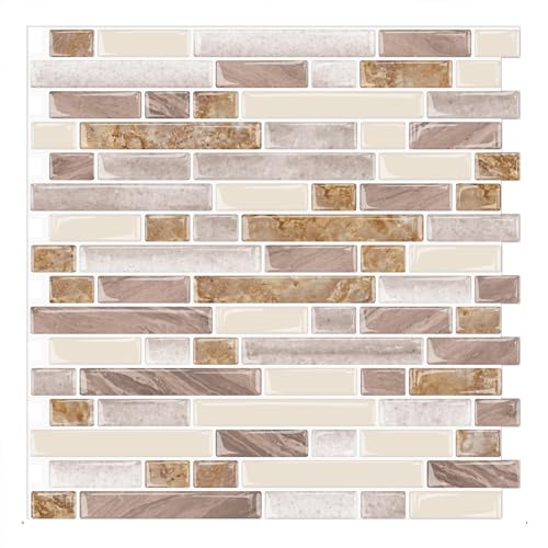 Yipscazo Fliesenaufkleber für Küche, selbstklebend, 30,5 x 30,5 cm, zum Abziehen und Aufkleben, für Waschküche, Badezimmer, strukturierte Vinyl-Sticker, Tapete, Smart Tile in Beige und Braun, 10 Bögen von Yipscazo